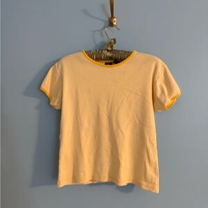 Fun “So Gsic” yellow and white stripped short sleeve shirt size M 100% cotton